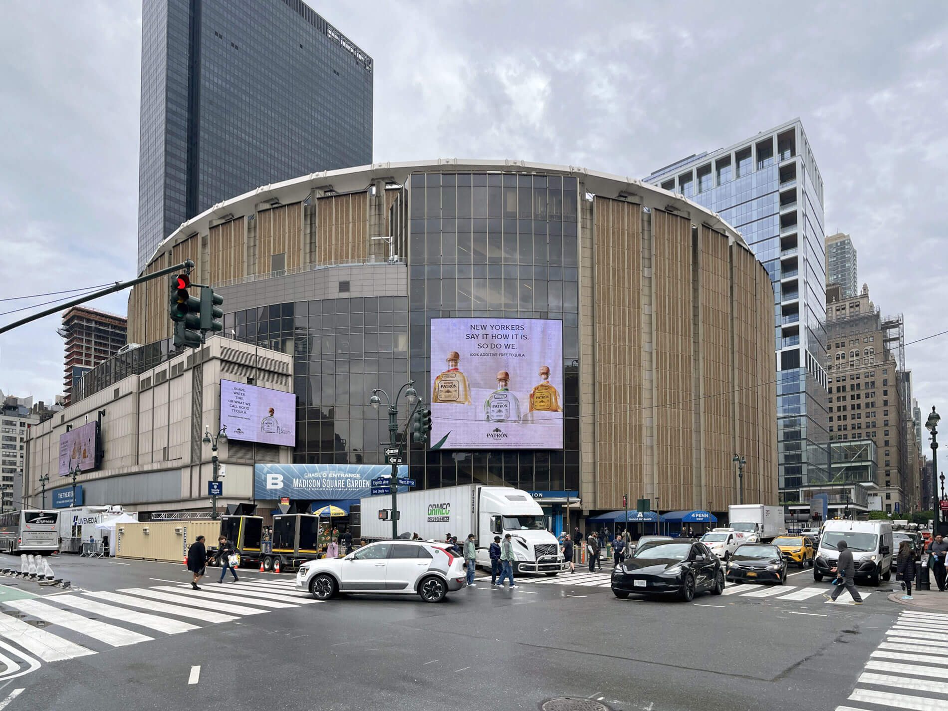 Architectural rendering or photo of New York Penn Station's current facade or a conceptual grand entrance design.