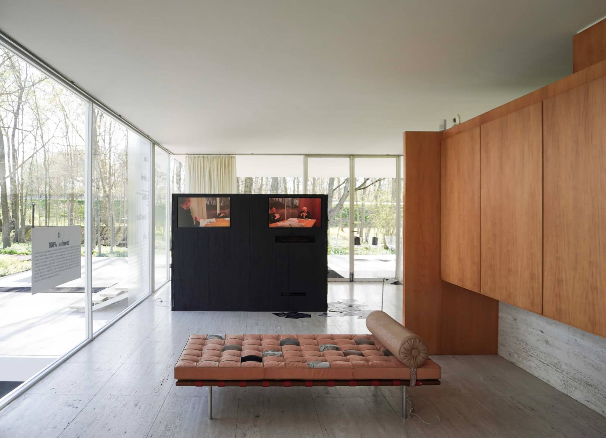 The counter-cabinet installed at the center of the Farnsworth House, directly across from Edith Farnsworth's original wooden cabinet.