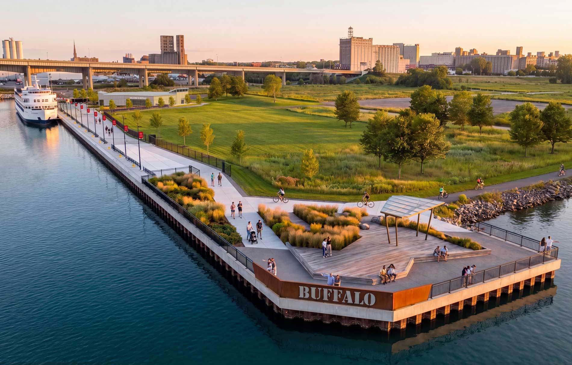 Rendering of the proposed Buffalo Outer Harbor Cruise Ship Terminal, featuring a large dock and welcome center.