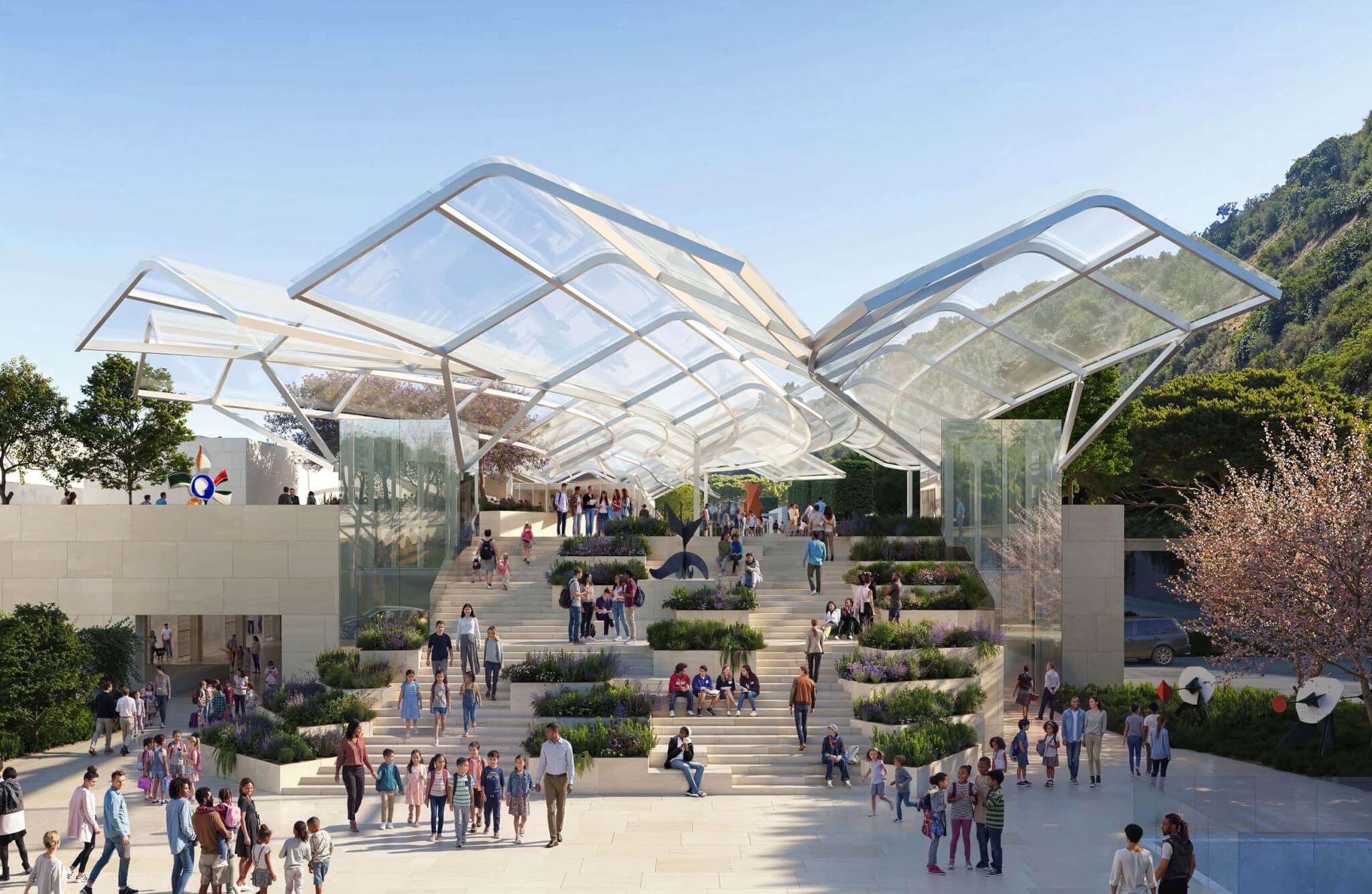 Rendering of the renovated Lower Tram area at the Getty Center designed by Gehry Partners.