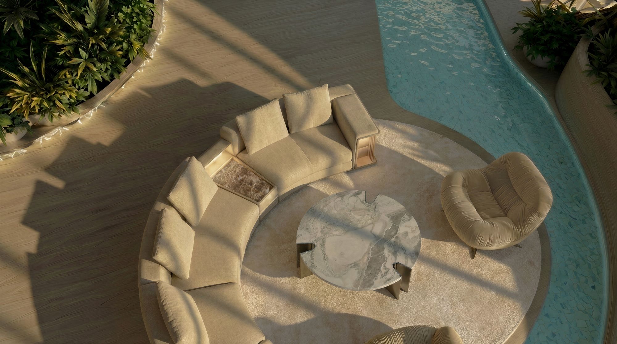 Render of Visionnaire-furnished interiors for a longevity-focused collaboration, showcasing modern living spaces designed for wellness.