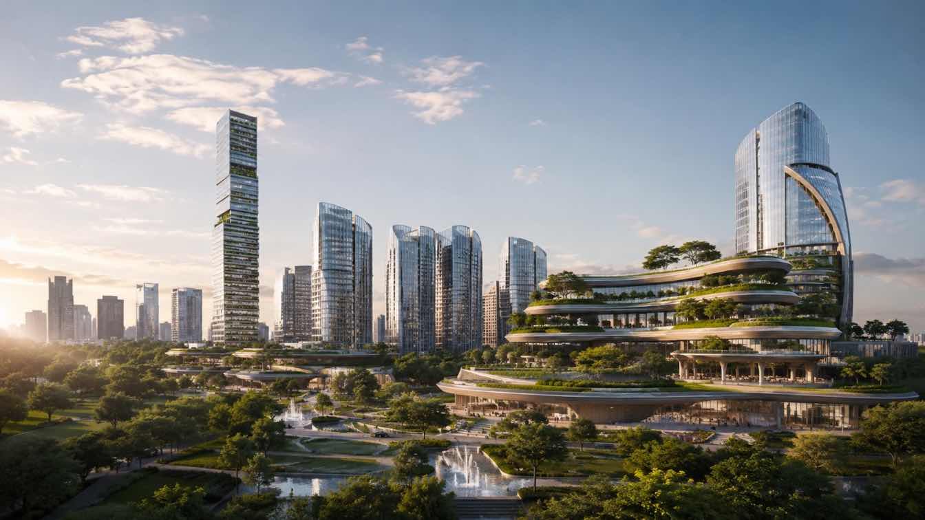 A futuristic cityscape featuring a high-rise building integrated with solar panels, green roofs, and large windows reflecting a vibrant urban environment, symbolizing sustainable