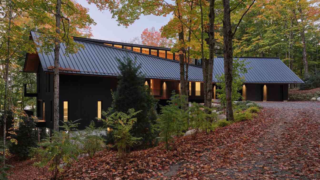 Exterior view of the Shield and Shelter family cottage, showcasing its integration with the natural lakeside environment.