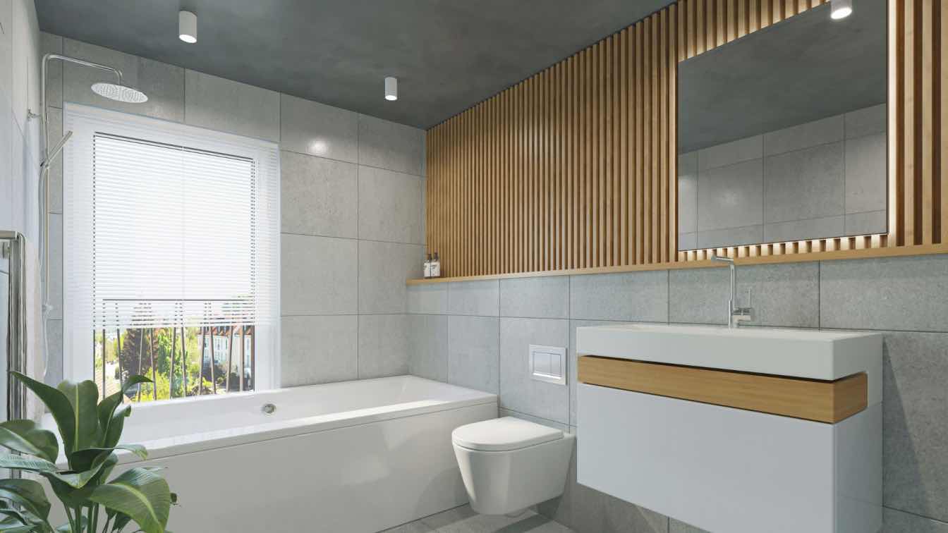 Interior of a luxurious, universally designed bathroom featuring a curbless shower, large-format tiles, and elegant lighting.