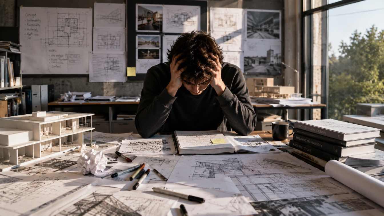 A student poring over architectural drawings and theoretical texts, highlighting the demanding nature of academic architectural writing.