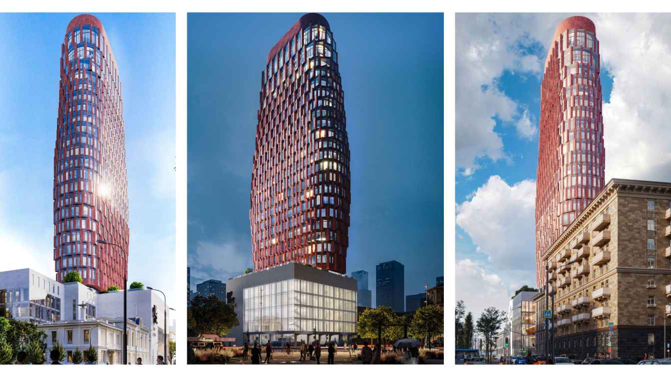 Architectural visualization of the Central House of Cinema complex in Moscow, showing a transparent public base and a slender residential tower.