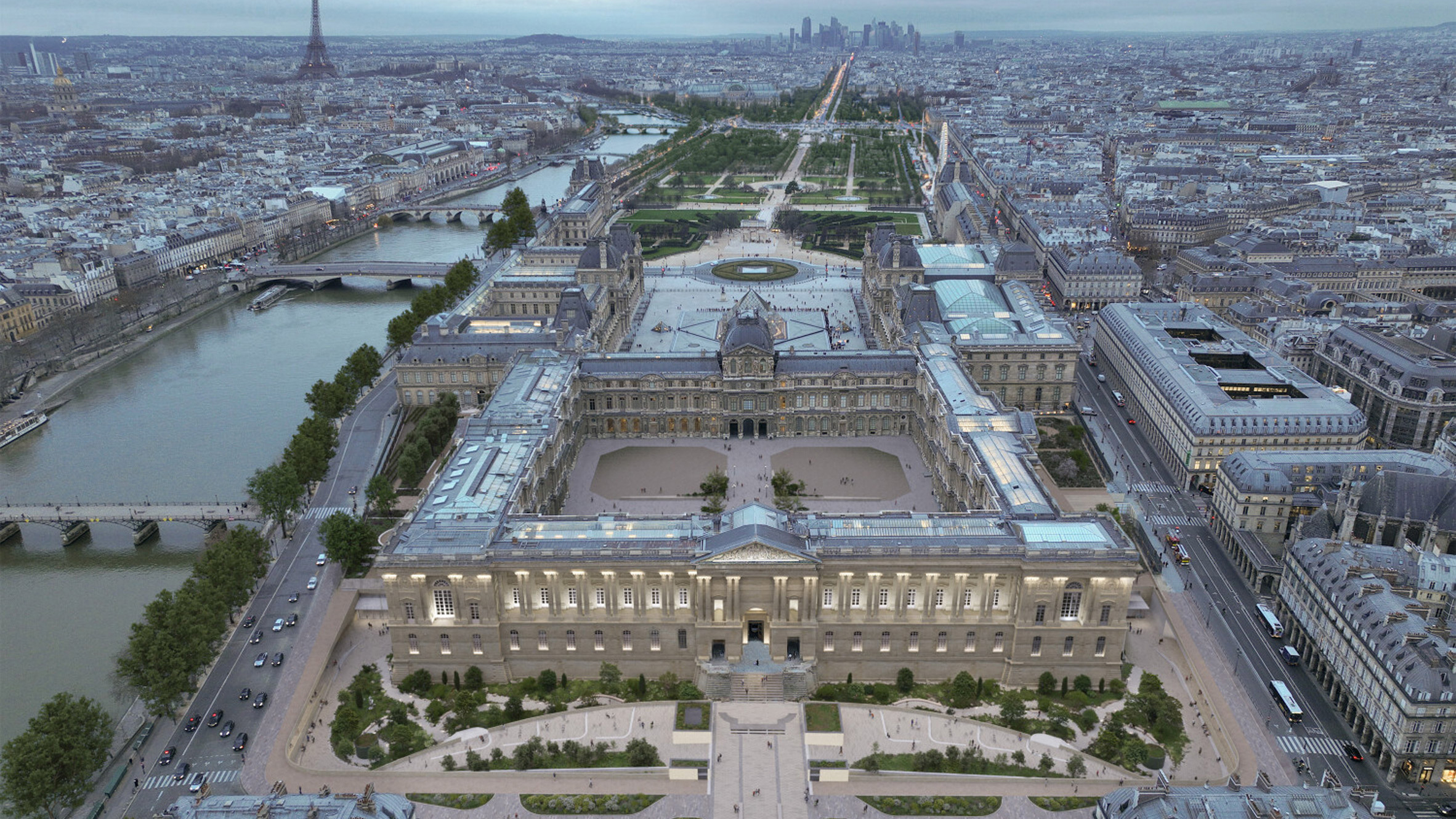 Architectural rendering depicting new subterranean entrances and landscaped moat at the Musée du Louvre, designed by Selldorf Architects and Studios Architecture.