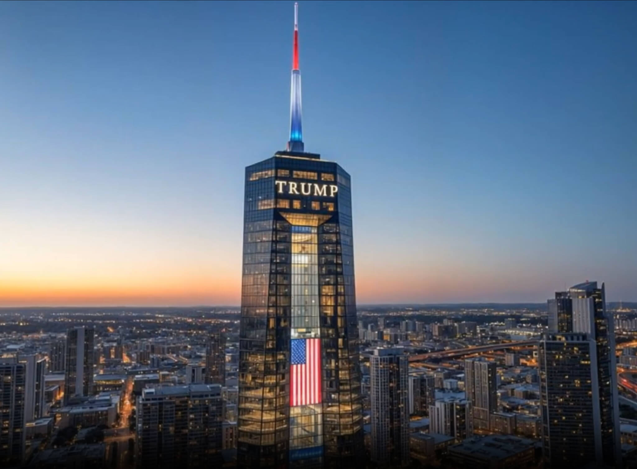 Rendering of the proposed 47-story Trump Library in downtown Miami, showing a tall, illuminated building with "TRUMP" at the top, adjacent to the historic Freedom Tower.