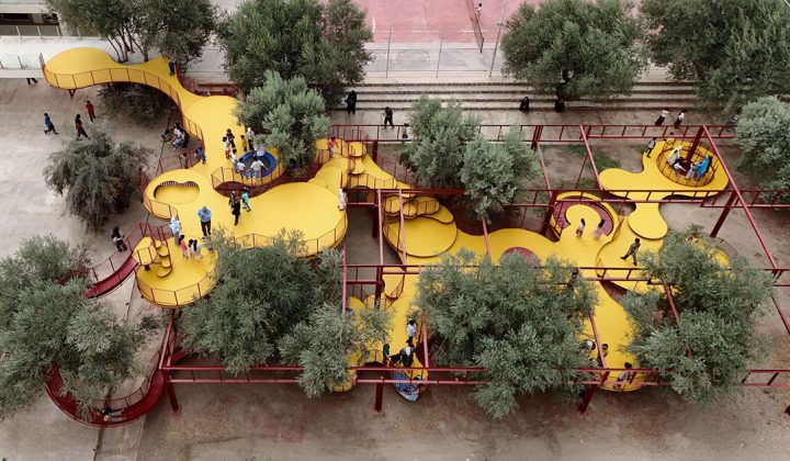 ZAV Architects Unveils Modular Yellow Playground Woven Through Iranian Olive Orchard