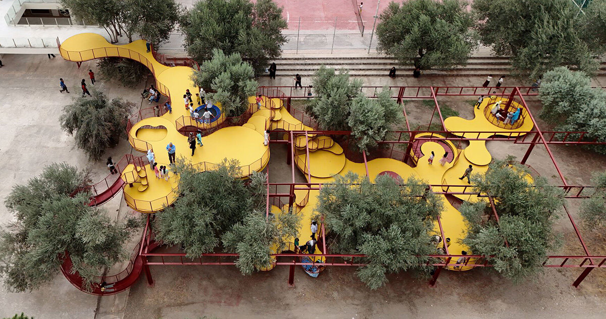 ZAV Architects Unveils Modular Yellow Playground Woven Through Iranian Olive Orchard