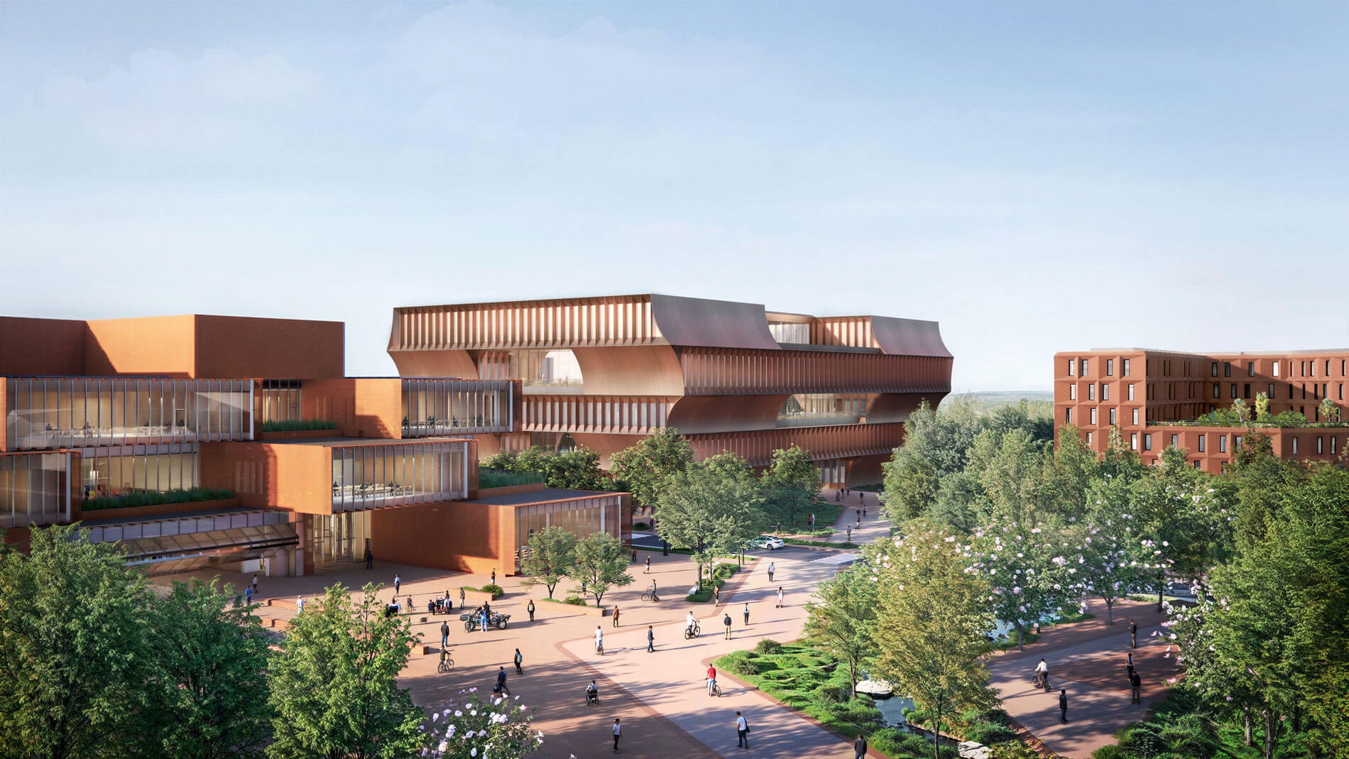 Architectural rendering of a STEM university campus with reddish facades and integrated green spaces.