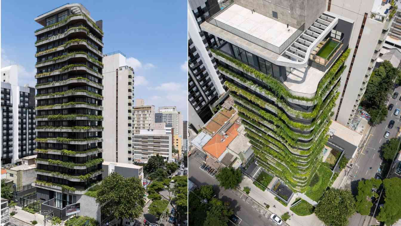 The Address Jardins building in São Paulo, showcasing its sinuous balconies and integration with the urban landscape.