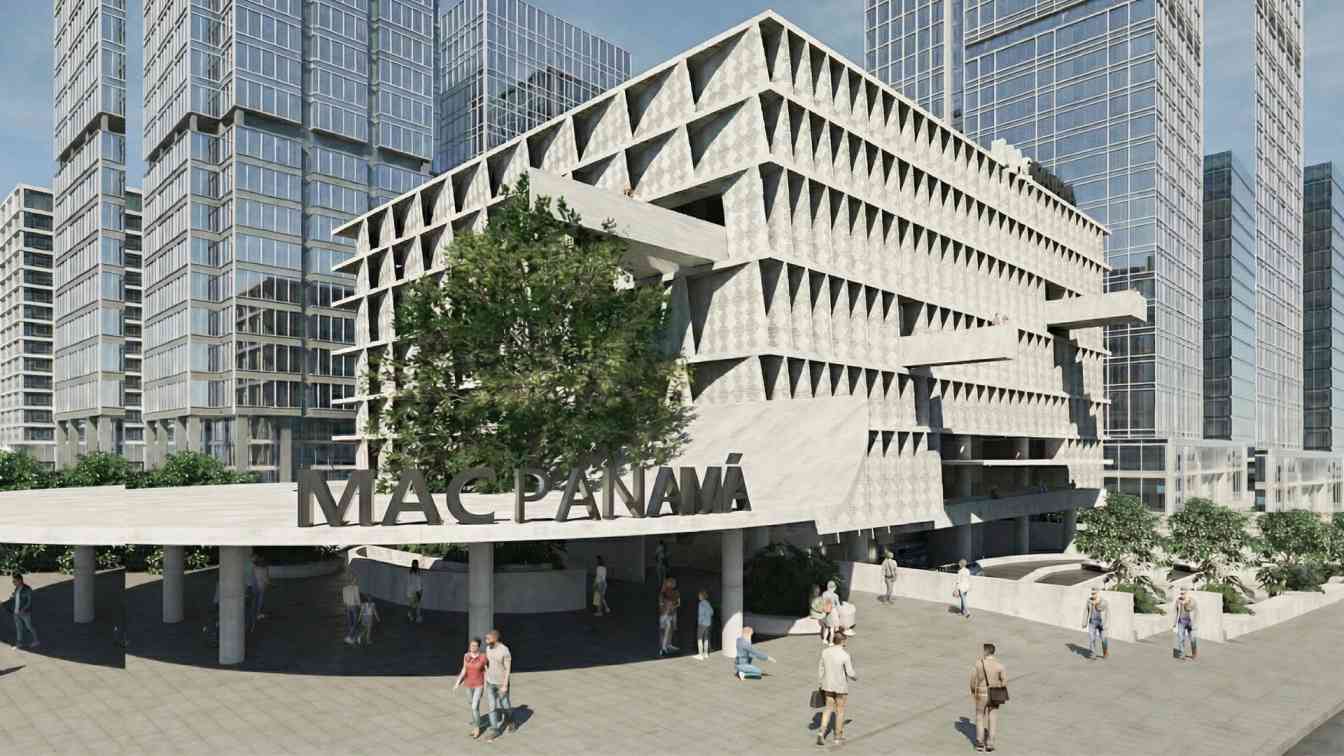 Exterior view of the UMBRA Contemporary Museum of Panama, showcasing its intricate lattice facade designed to provide shade and regulate the internal climate, with a public plaza