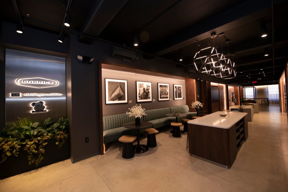 Interior view of the Bobrick global showroom at the New York Design Center, showcasing modern washroom fixtures and design elements.