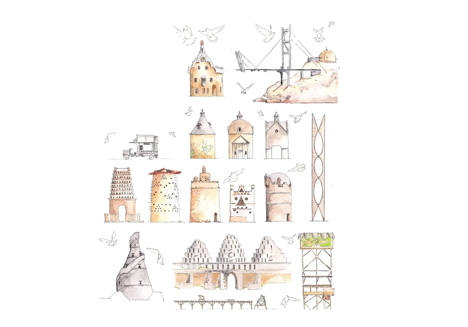 A collection of diverse dovecote structures, highlighting their architectural variations across different historical periods and regions.