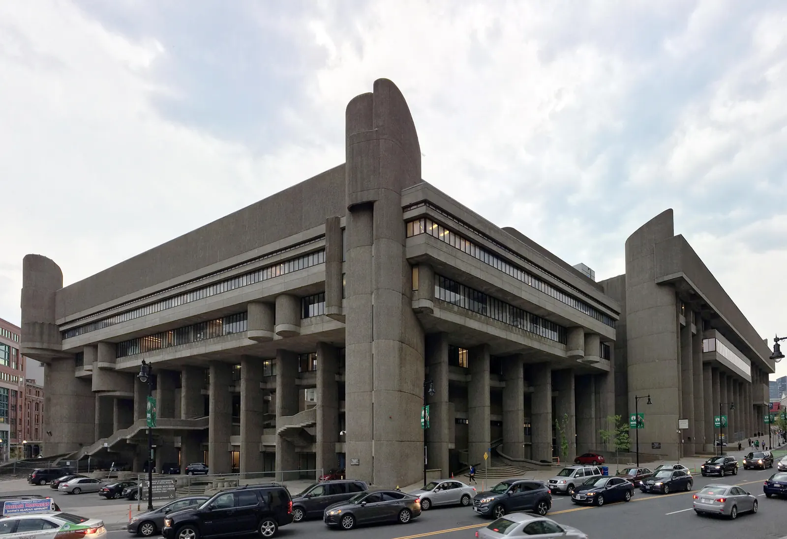 Aerial view of Boston's Government Services Center, showcasing the Lindemann and Hurley buildings.