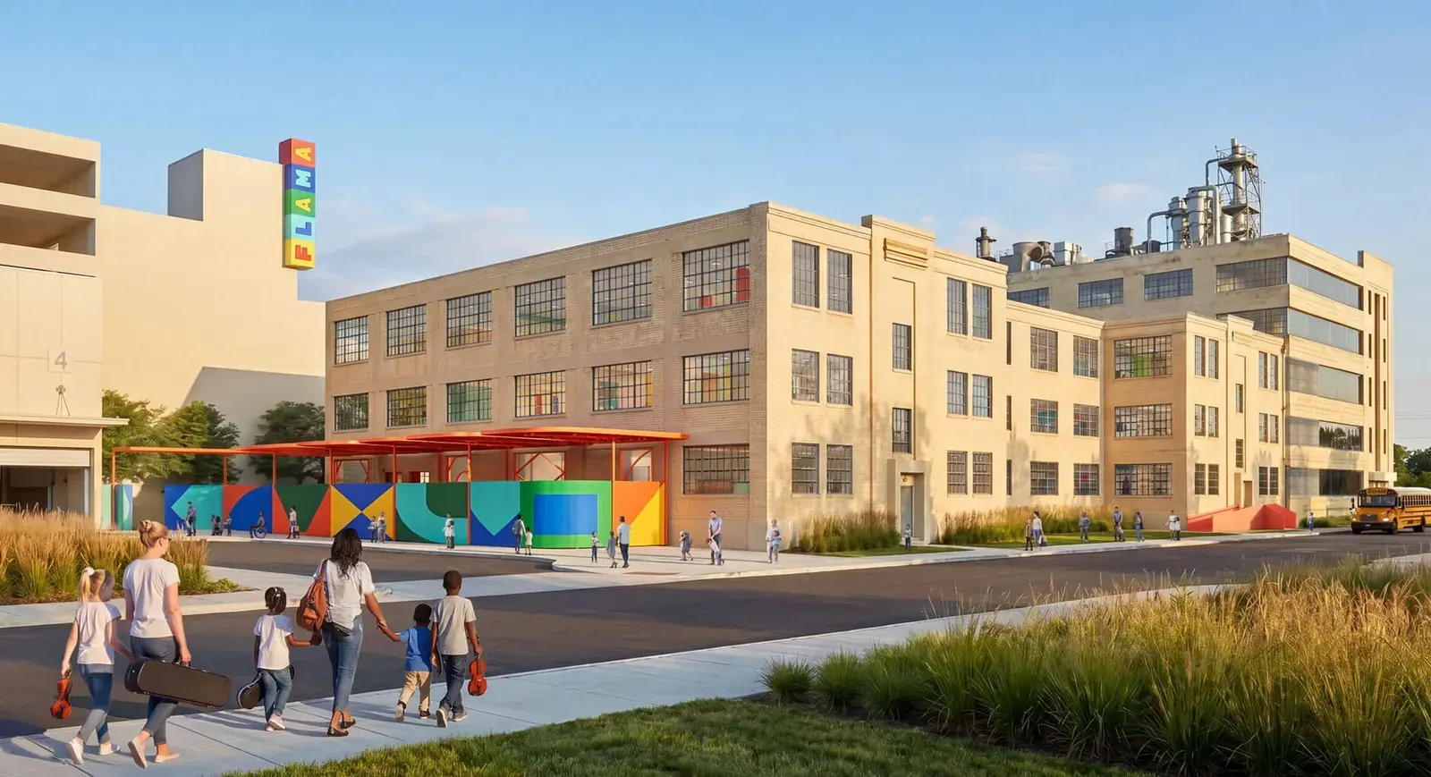 Architectural rendering of a school housed in a retrofitted historic industrial building, with a vibrant exterior patio.