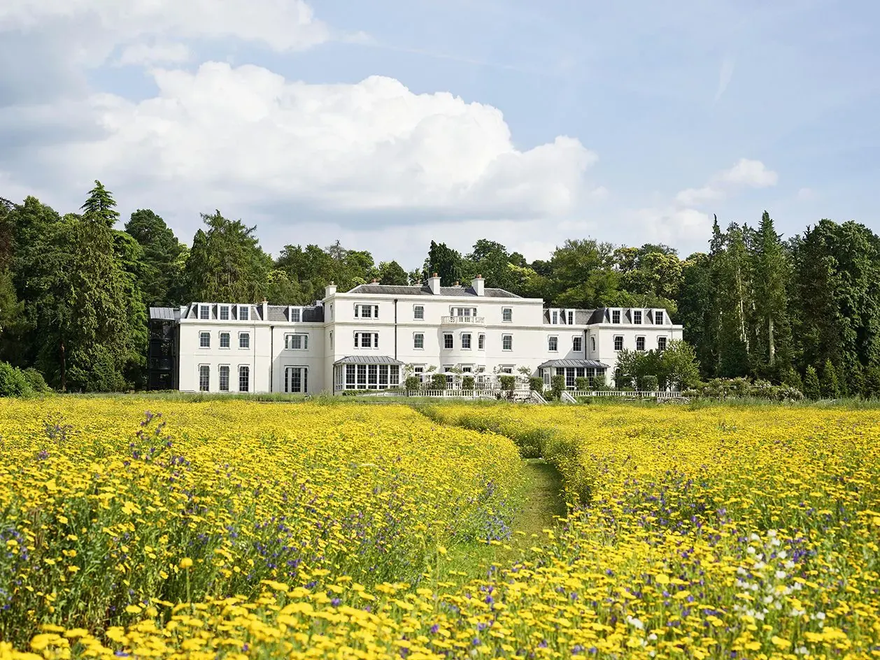 Interior view of the Coworth Park Spa featuring a swimming pool with a glazed facade offering views of the surrounding fields.