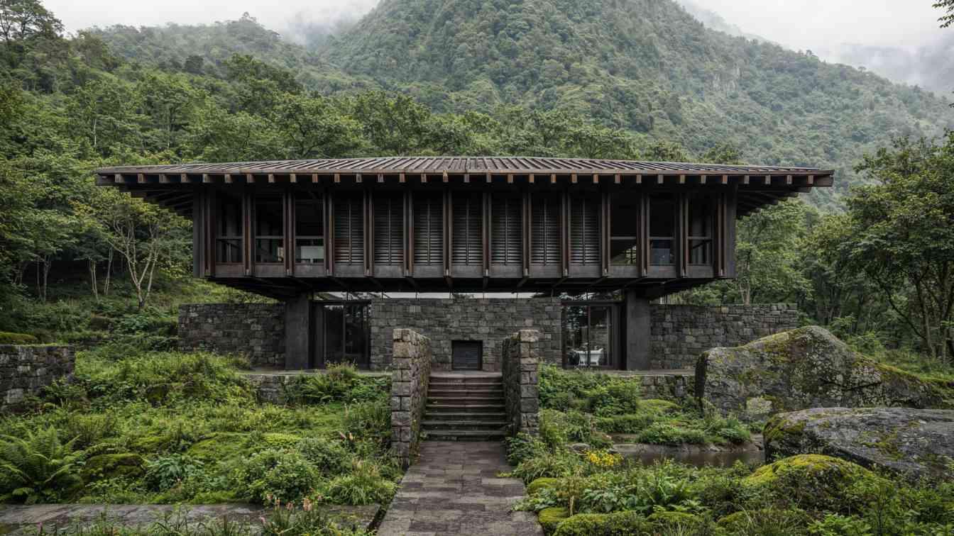 Exterior view of a wooden structure with a stone base nestled into a lush, forested landscape.