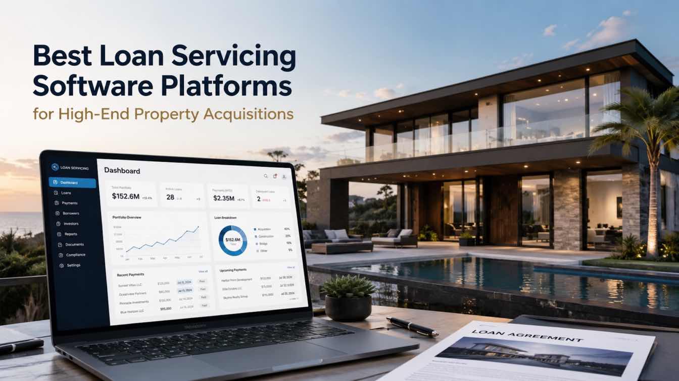 A laptop displaying loan servicing software with financial charts and property images.