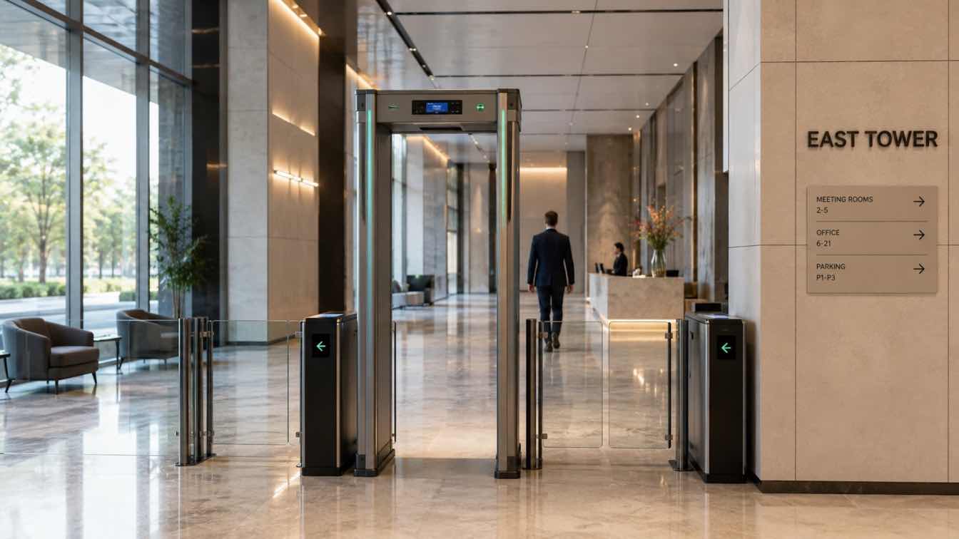 A contemporary building lobby featuring a walk-through metal detector seamlessly integrated into the design.