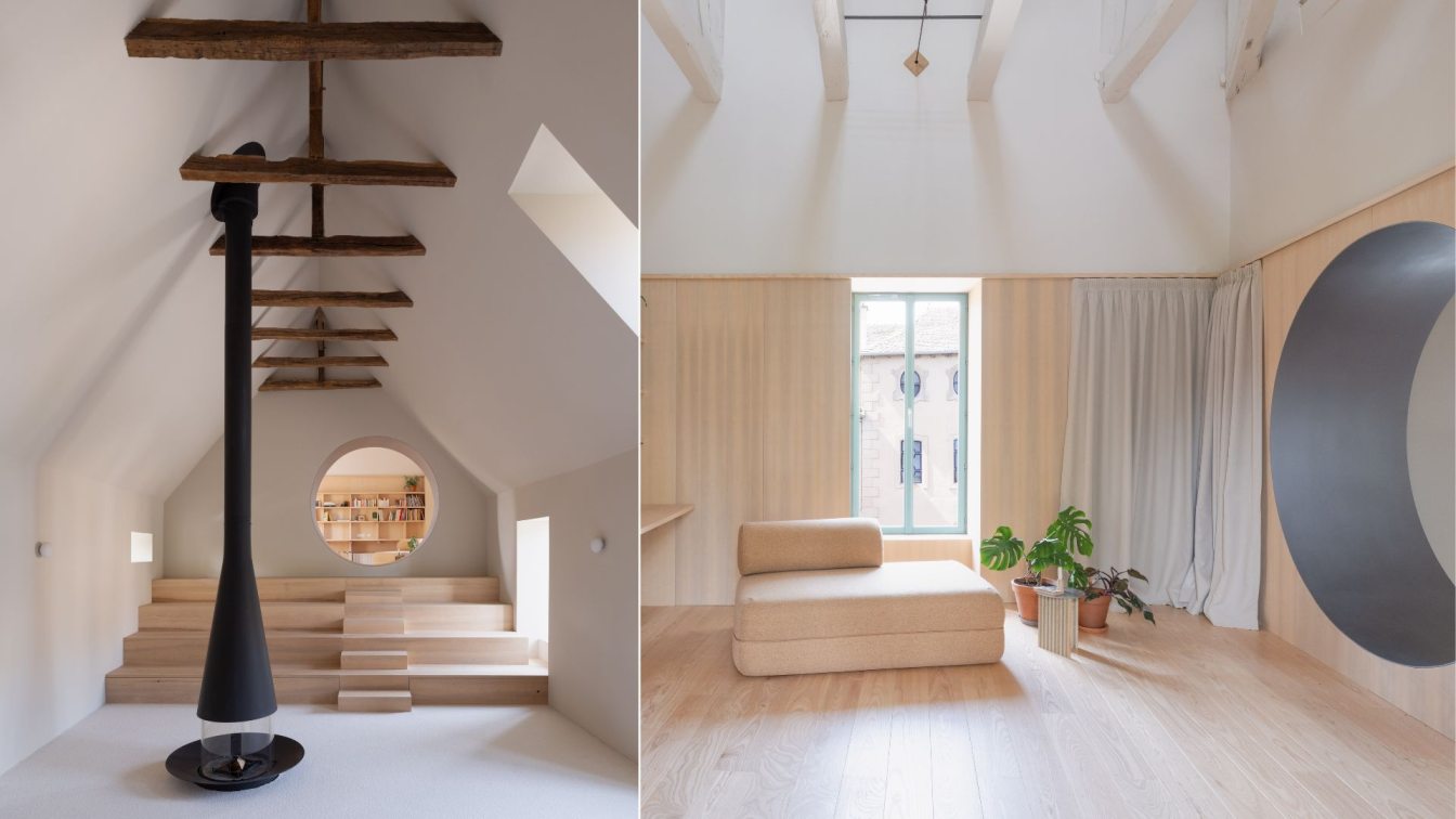 Exterior view of a renovated farmhouse in Pont-de-Salars, France, showcasing its integration with the surrounding courtyard.