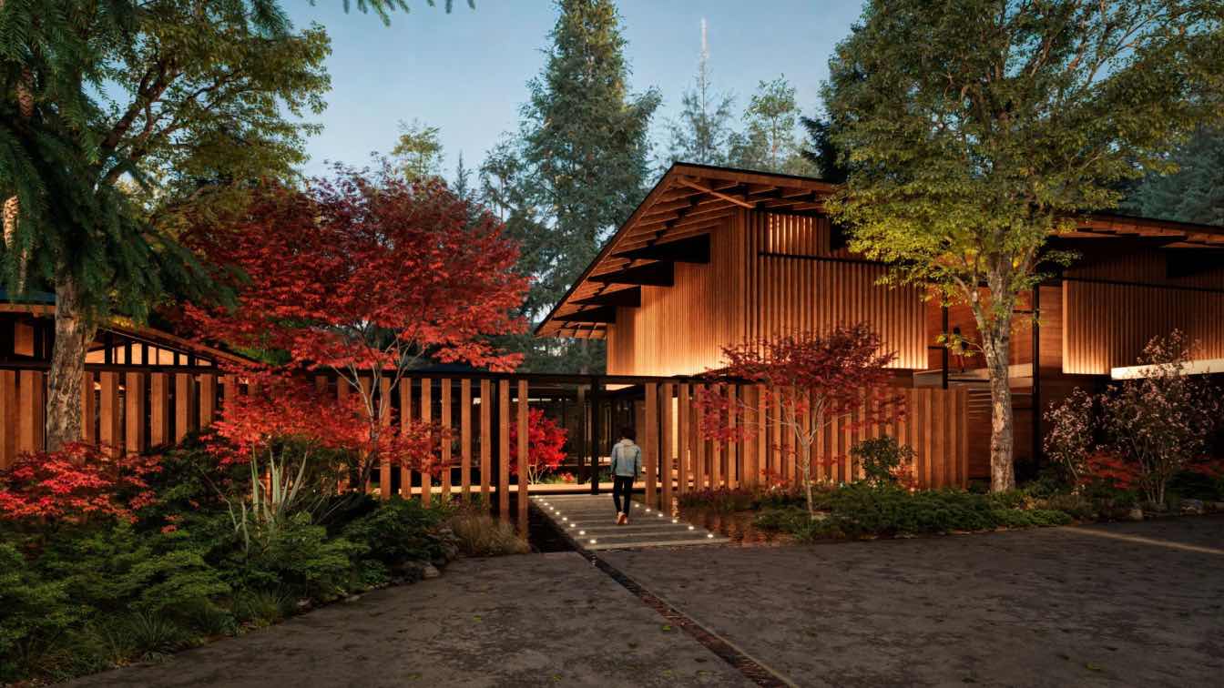 Exterior view of the Highlands Residence, a modern home surrounded by trees.
