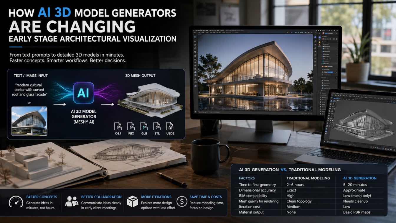 A laptop screen displaying an AI 3D model generator interface with a prompt and a generated 3D architectural massing model.