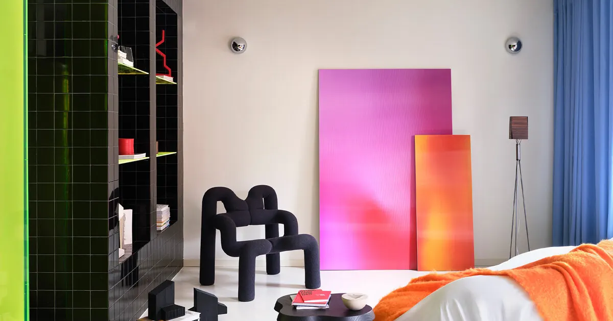 Layered Madrid Apartment Redesigned with Neon Acrylic and Stone