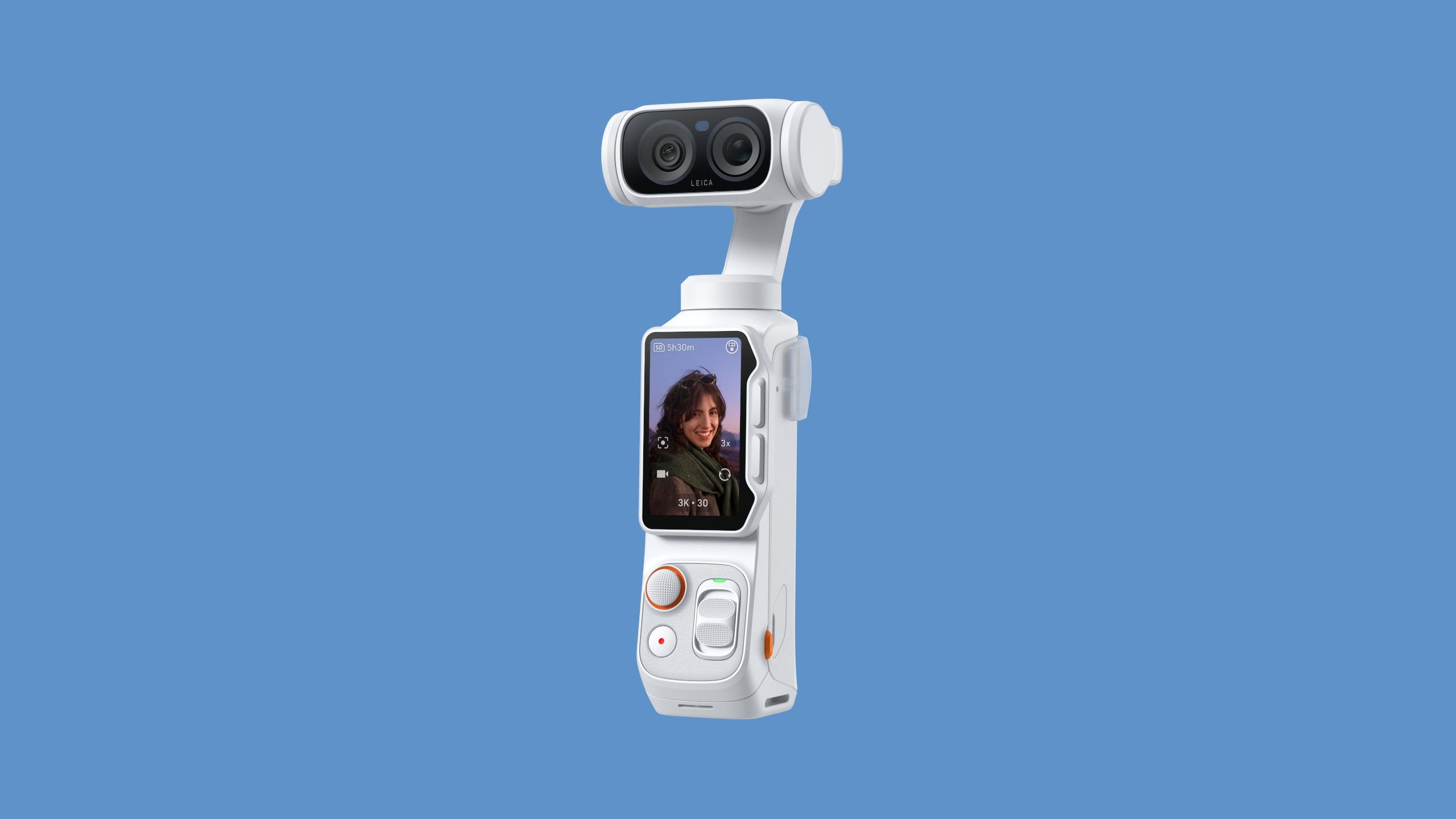 A close-up view of the Insta360 Luna Ultra action camera, showcasing its compact design and lens.
