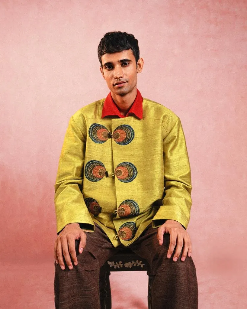 Model wearing a Taarini Anand silk jacket and trousers from the SS26 collection.