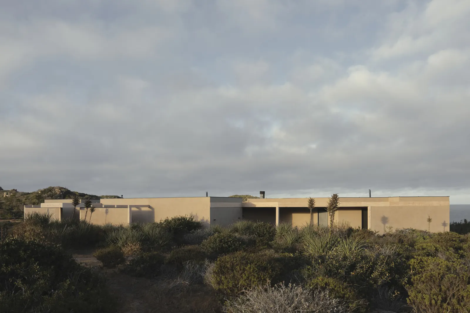 Exterior view of Casa TG, showcasing its minimalist design nestled within Chilean coastal vegetation.