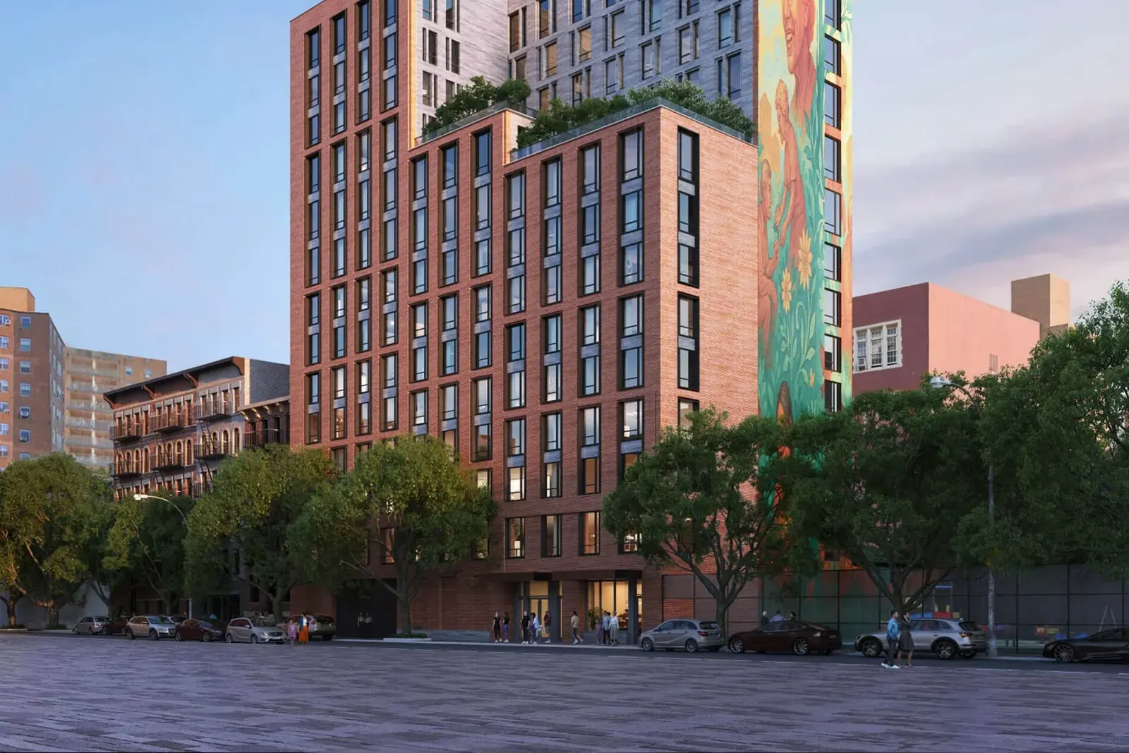 Architectural rendering of The Aurea, a mixed-use affordable housing tower with brick cladding, stepped setbacks, and rooftop green space, built atop an NYPD parking lot in the