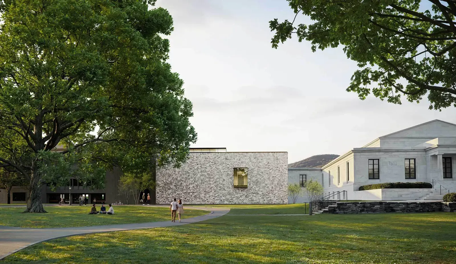 Rendering of the Aso O. Tavitian Wing at the Clark Art Institute, showing its stone facade and integration with the campus landscape.