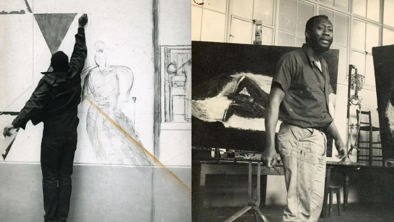 Sir Frank Bowling is pictured working on a piece in an art studio environment at The Royal Drawing School in London.