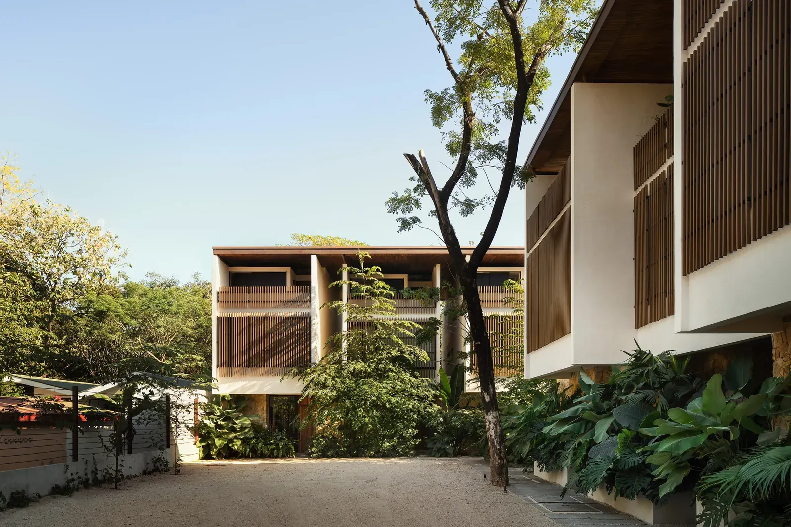 Exterior view of the El Molino Residential Development featuring natural materials and integration with surrounding vegetation.