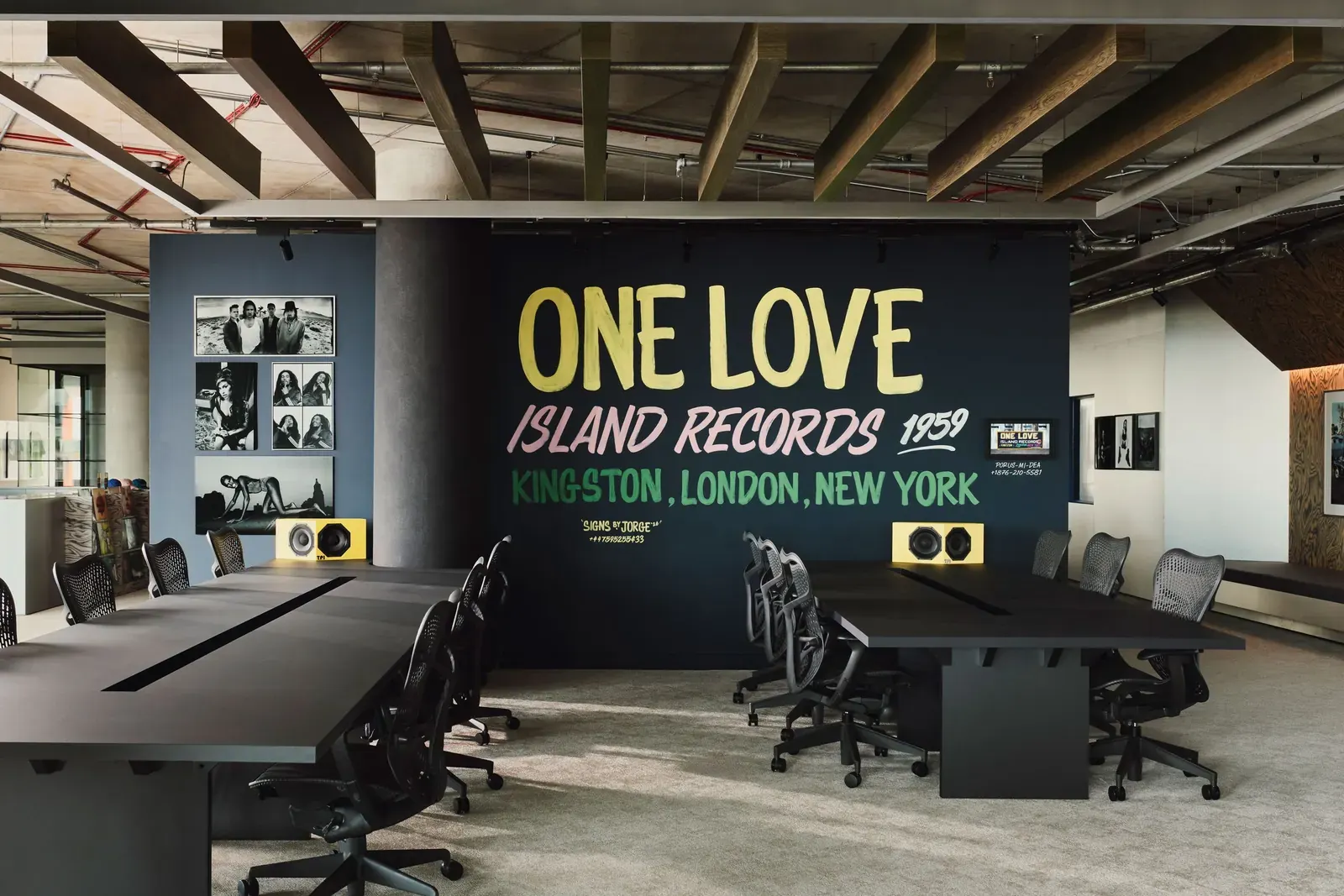 The Island Records and EMI shared headquarters in London, with a Bob Marley ‘One Love’ mural by SignsbyJorge and a Corbin Shaw textile work visible in the background