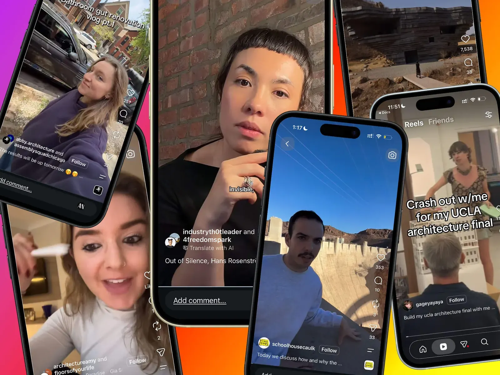 A social media creator recording architecture content on a smartphone near a contemporary building facade, urban setting