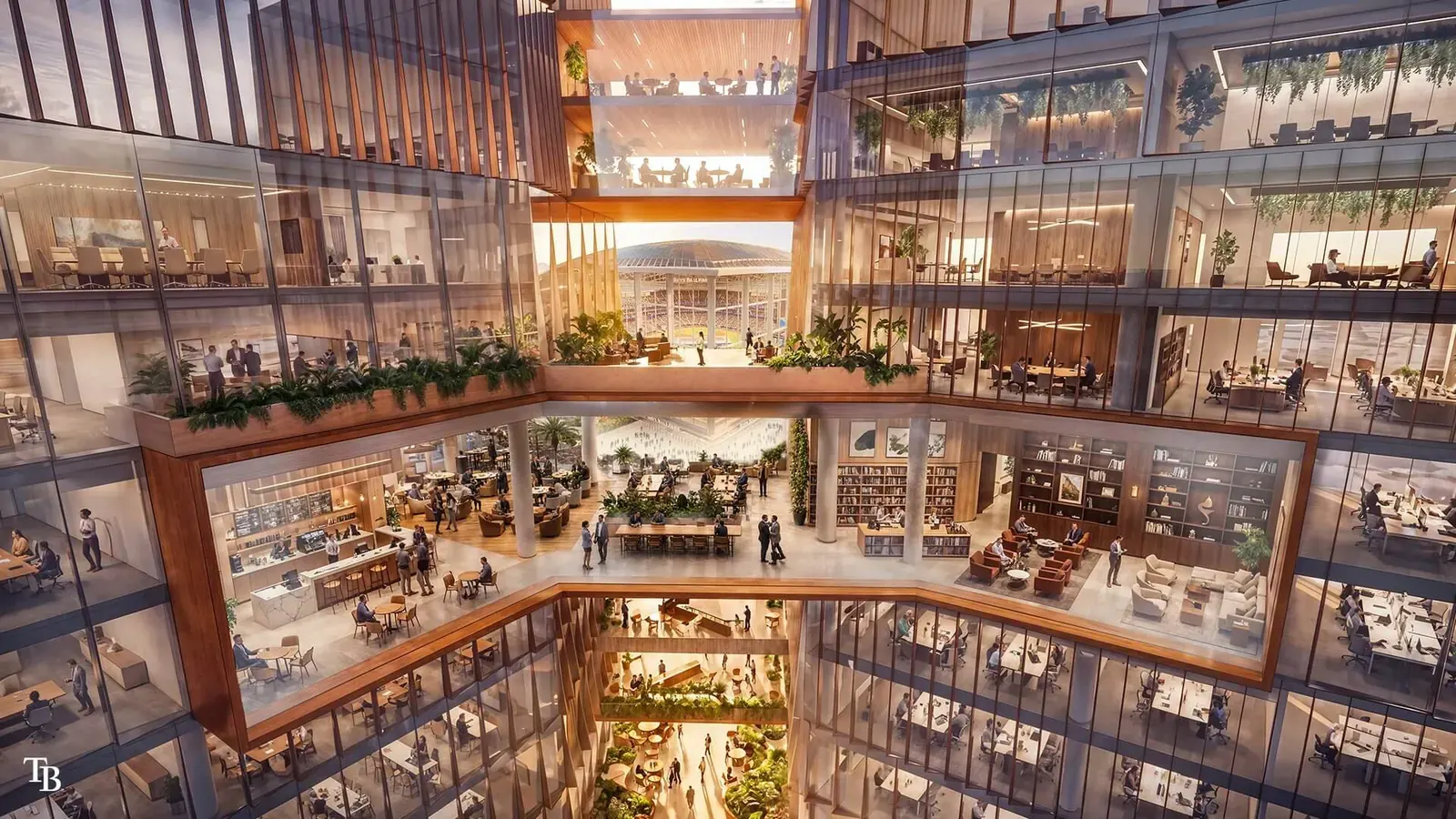 Gensler rendering of the Tampa Bay Rays mixed-use district at Hillsborough College’s Dale Mabry campus, featuring office towers with expansive terraces overlooking the new stadium.