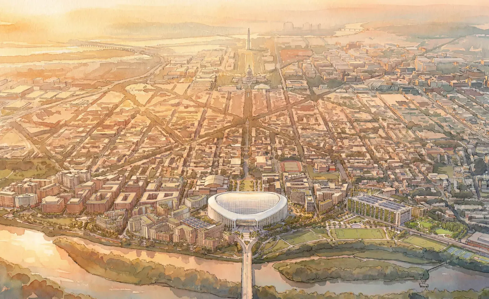 Rendering of the proposed Robert F. Kennedy Campus masterplan, showing mixed-use buildings, a stadium, and public green spaces along the Anacostia River.
