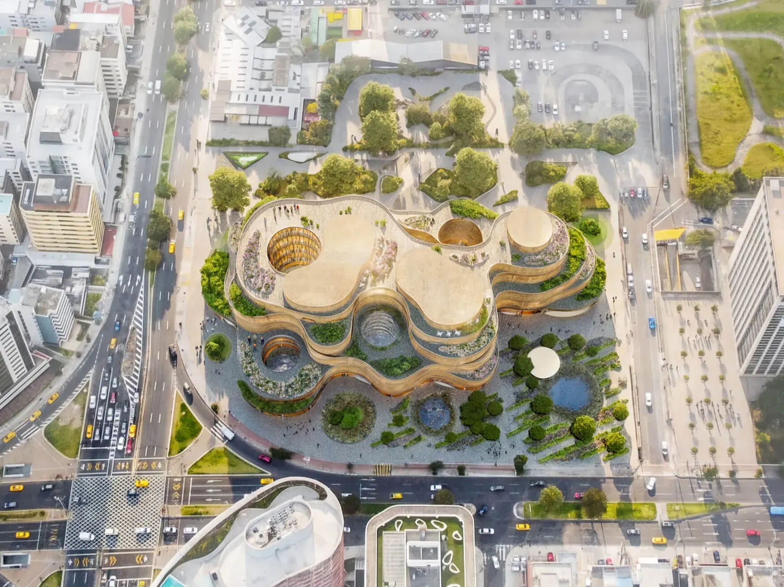 Rendering of the SANAA-led Living Strata proposal for the National Museum of Ecuador in Quito