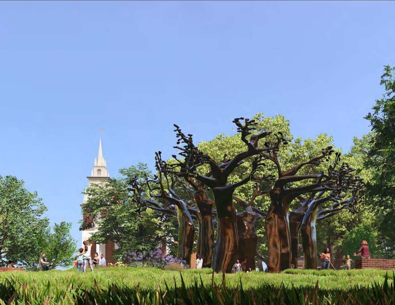 A rendering shows the "Rooted" monument, a large Baobab tree sculpture made from bronze, situated in a circular plaza.