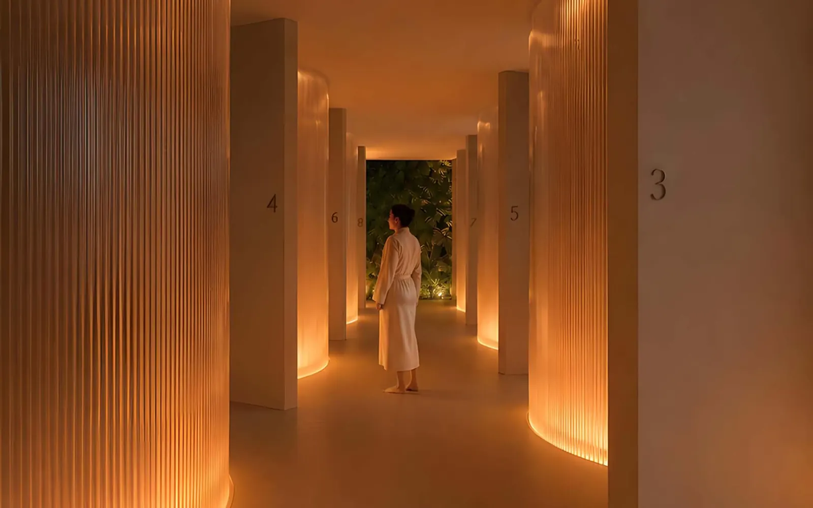 Rendering of the Midjourney Spa interior showing warm light, mirrored ceilings, and reflective water pools, designed by Basalt Architects.