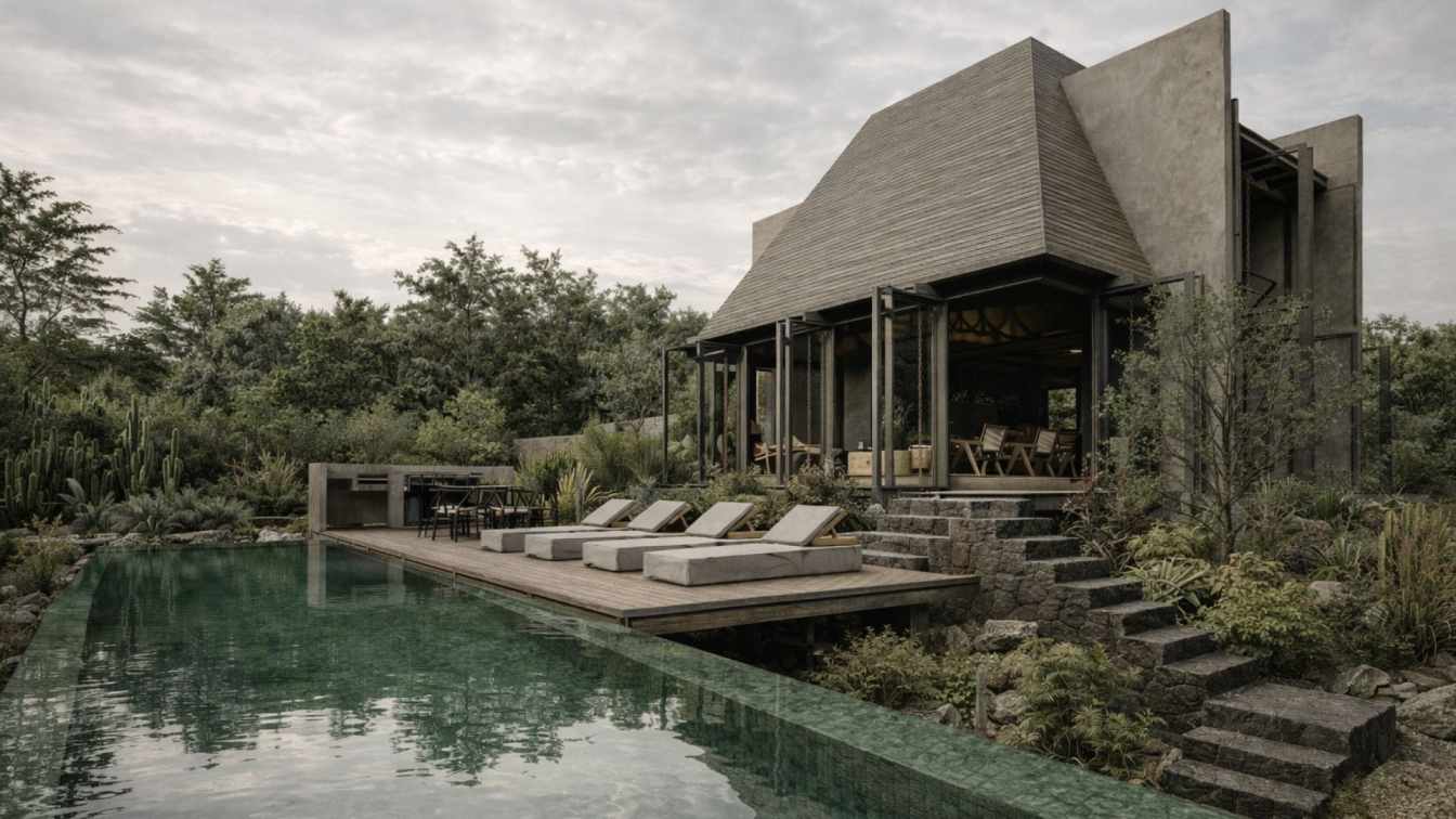 Aerial view of Casa Albor, a modern residence nestled into the landscape of Tepoztlán, Mexico.