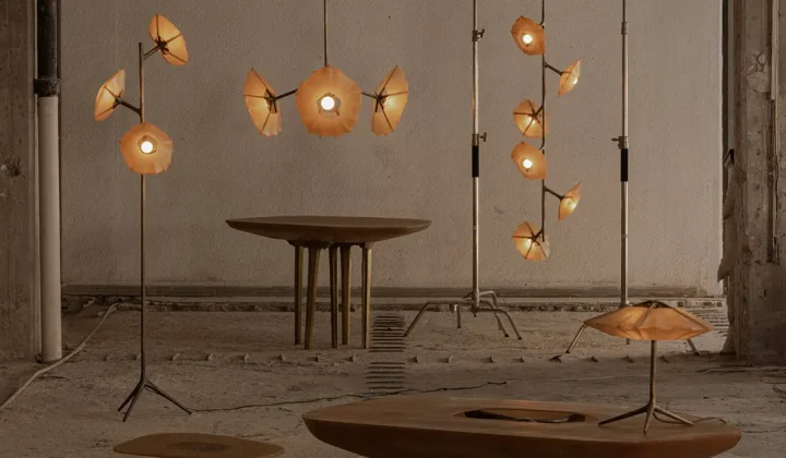 Fiberglass shells and bronze skeletons define Salina light and furniture collection by Federico Stefanovich