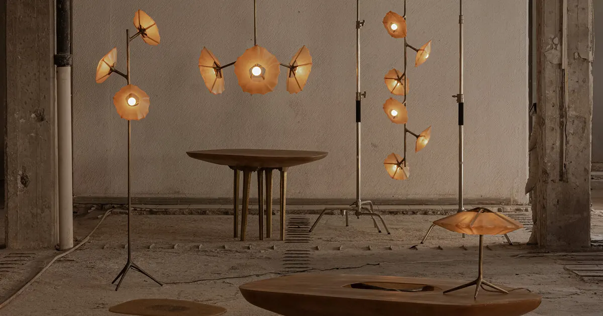 Fiberglass shells and bronze skeletons define Salina light and furniture collection by Federico Stefanovich