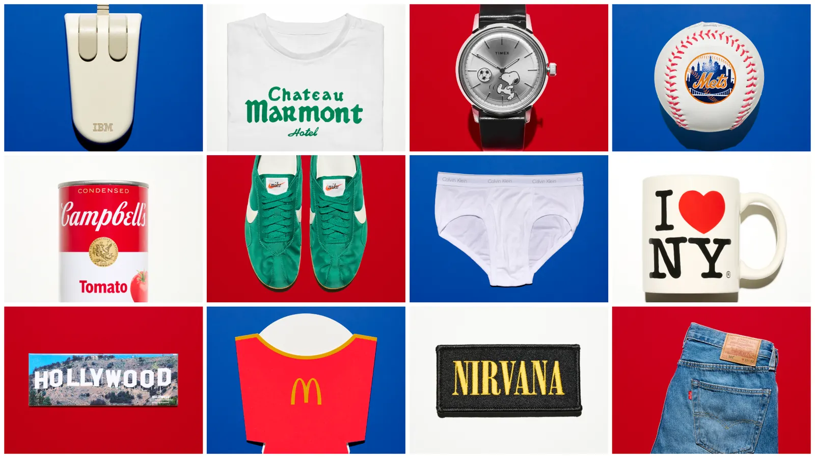 Collage of iconic American logos such as I ❤️ NY, New York Mets, Tiffany & Co., and IBM.