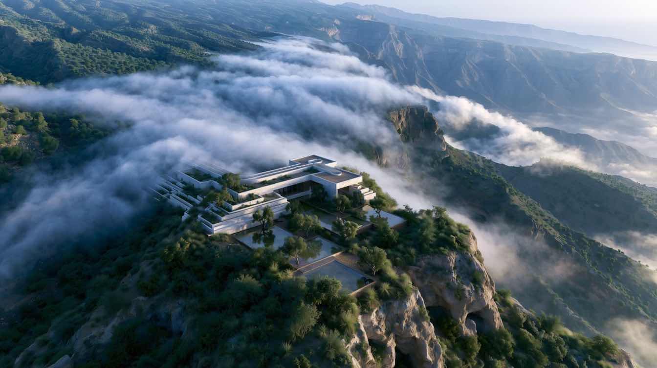 Conceptual architectural rendering of the Khareef Retreat designed to merge with the Jabal Samhan escarpment in Oman.