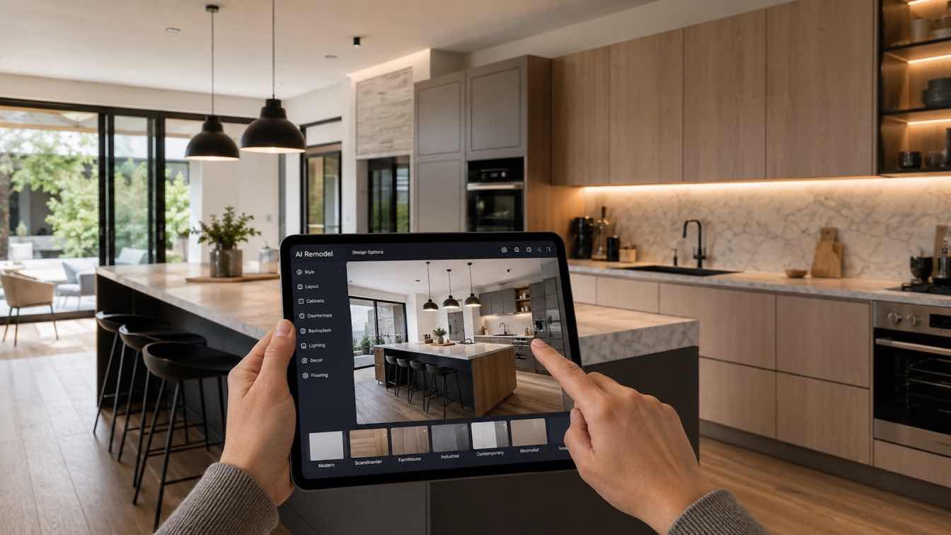 Realistic AI rendering of a modern kitchen undergoing renovation, showcasing new cabinet styles and layouts.