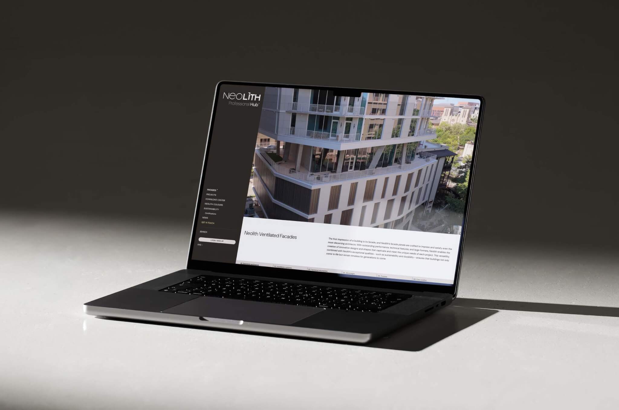 A screenshot of the Neolith Professional Hub digital platform, displaying organized sections for technical documentation and project resources for architects.